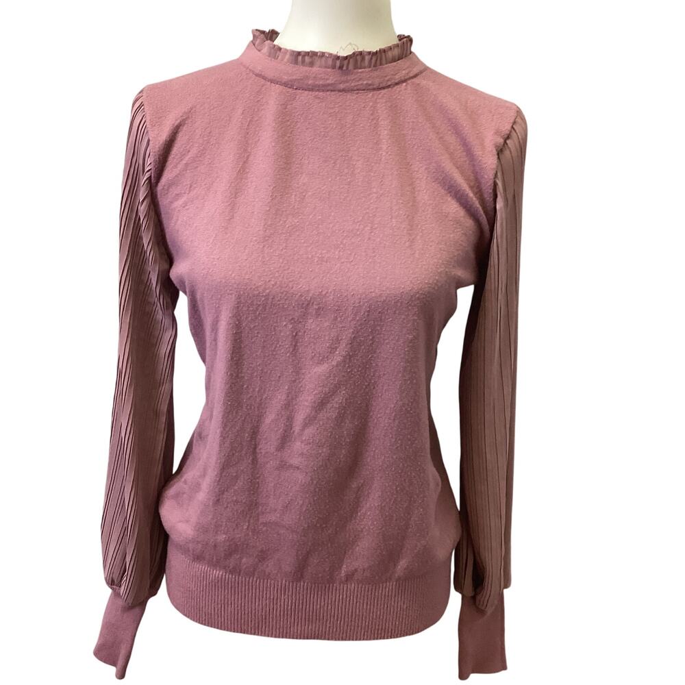 Sioni Medium Long Pleated Sleeve Crew Neck Ruffled Keyhole Back Soft Sweater